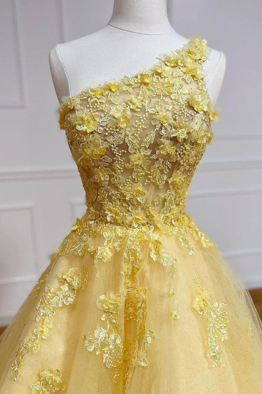 Yellow Lace One Shoulder Evening Dress, A-Line Tulle Long Prom Dress fg3197