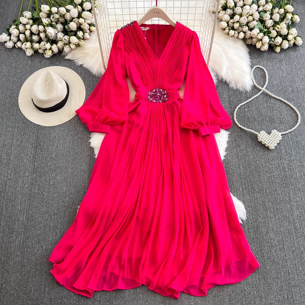 lantern long-sleeved V-neck A-line chiffon pleated dress elegant long skirt S3982