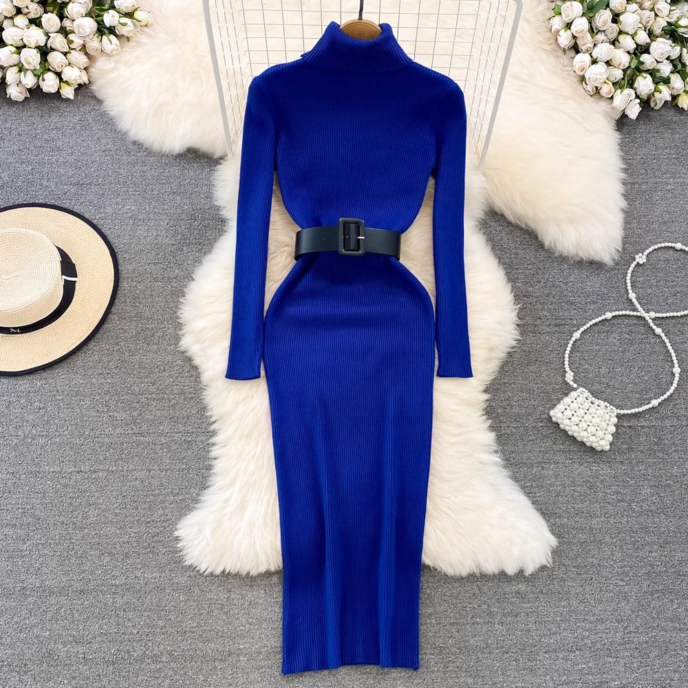 high collar mid-length knitted dress sweater skirt S3909