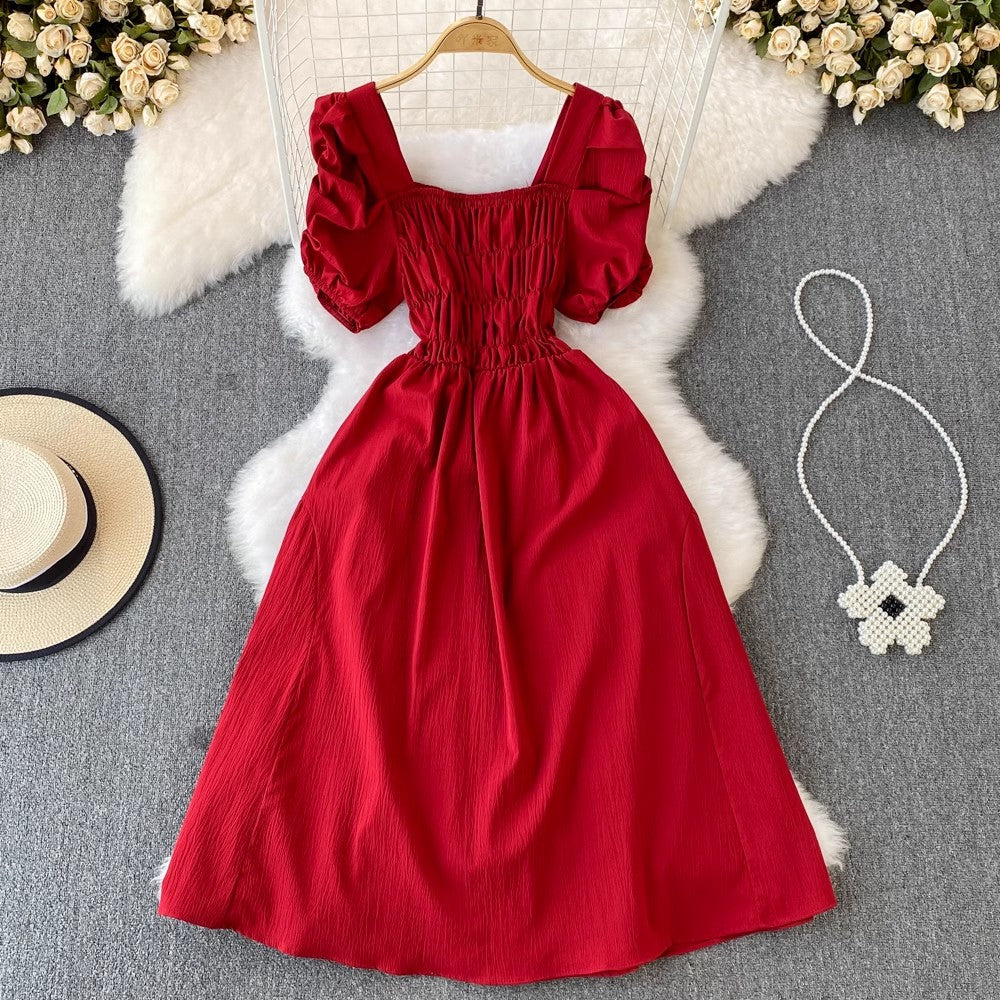 puff sleeves square neck A-line dress chic long skirt S4011