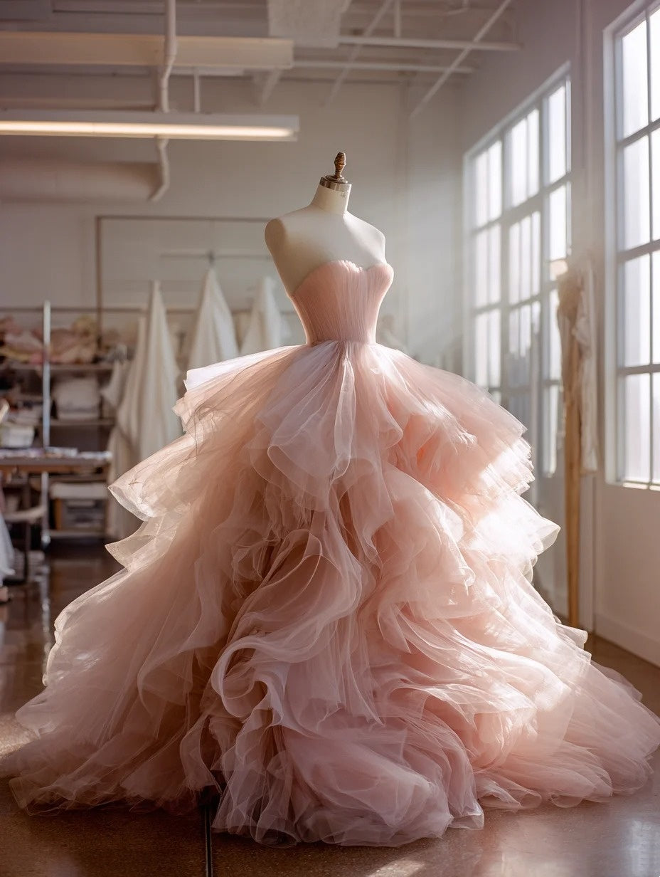 New Arrival Ball Gown Light Pink Sweetheart Pleated Tulle Ruffle Prom Dresses Evening Gown Quinceanera Dress D4700