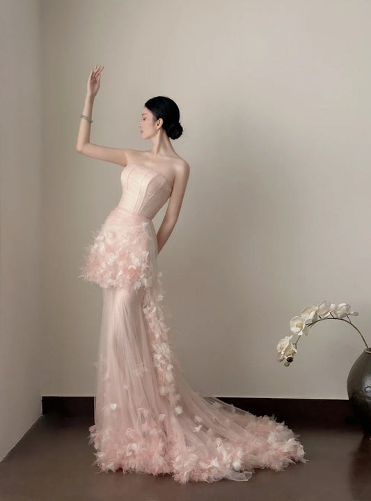 Chic Prom Dress Strapless Pleated Floral Tulle Formal Dresses Gala Gown Evening Dress D4721