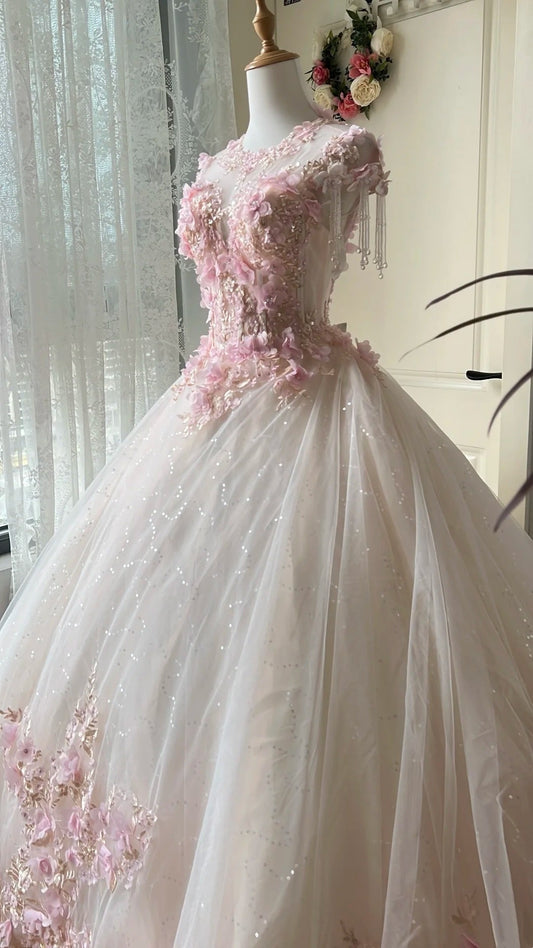 Gorgeous Ball Gown Crew Neck Pleated Tulle Prom Dresses Evening Gala Gown Quinceanera Dress D4738