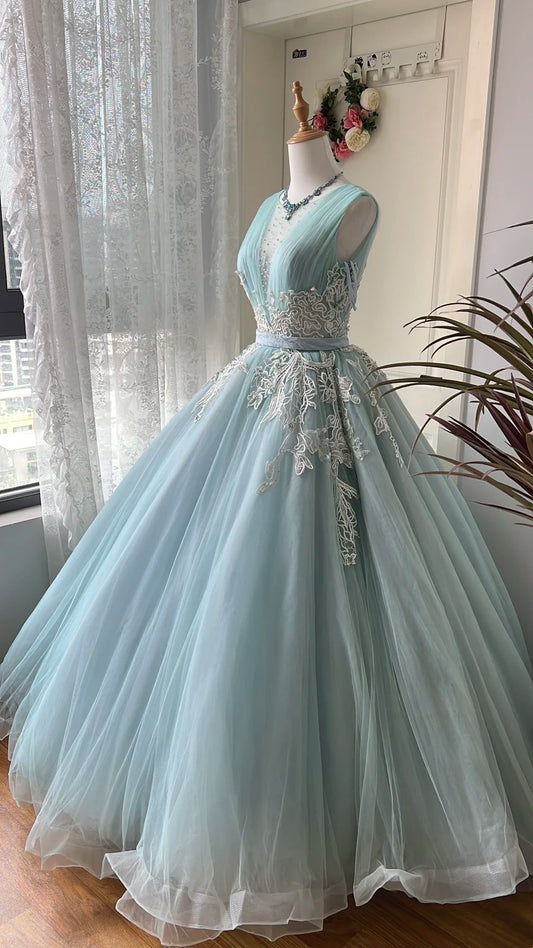 Pretty Ball Gown Light Blue Crew Neck Pleated Tulle Prom Dresses Evening Gala Gown Birthday Party Dress D4741