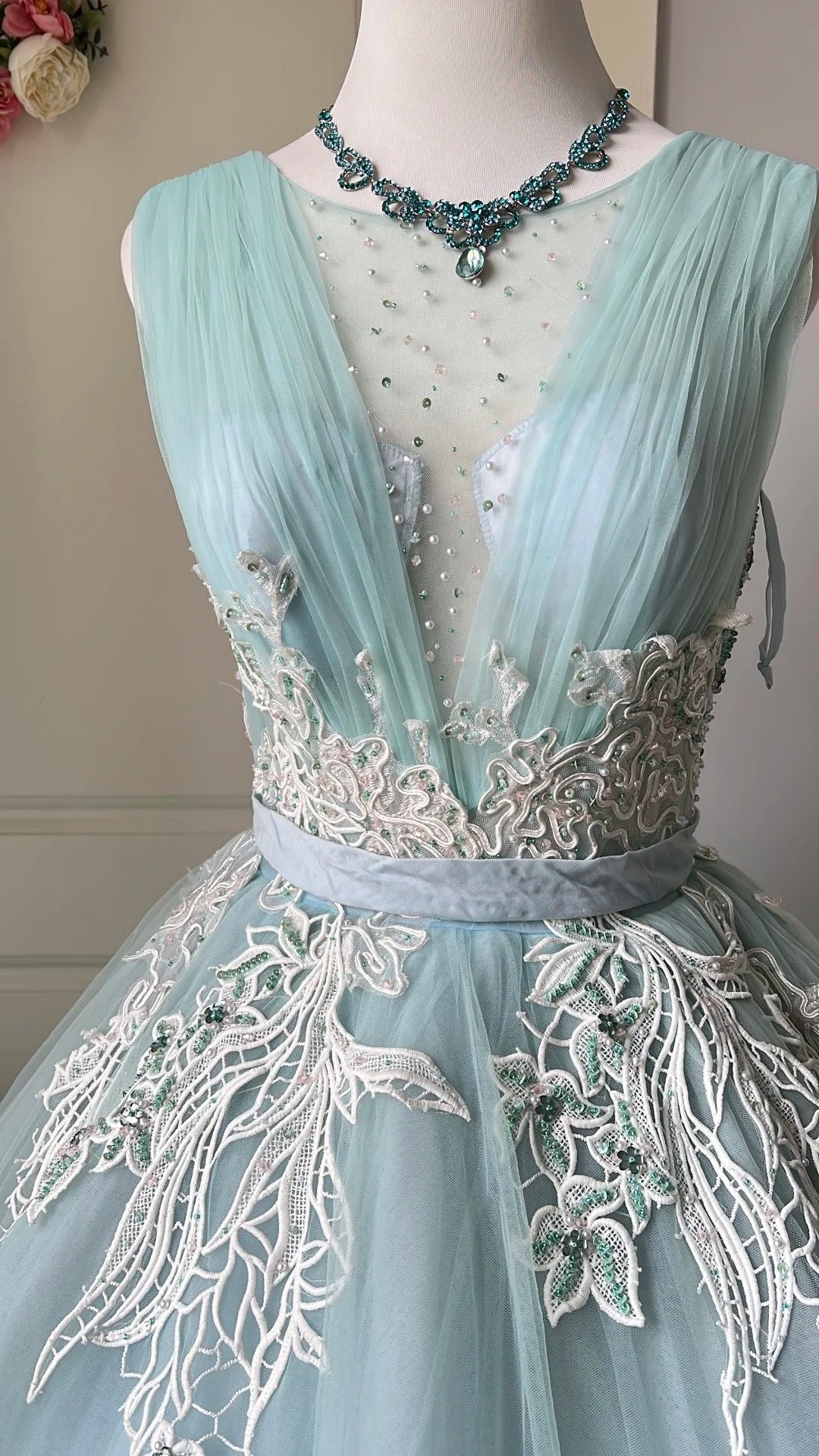 Pretty Ball Gown Light Blue Crew Neck Pleated Tulle Prom Dresses Evening Gala Gown Birthday Party Dress D4741