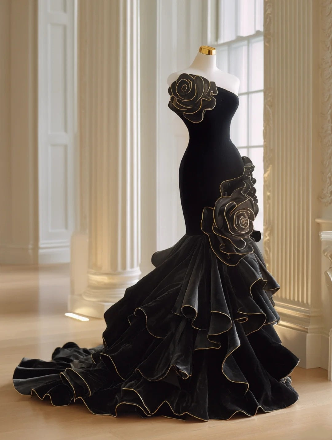 Elegant Prom Dress Black Strapless Ruffle Mermaid Formal Dresses Evening Dress Gala Gown D4745