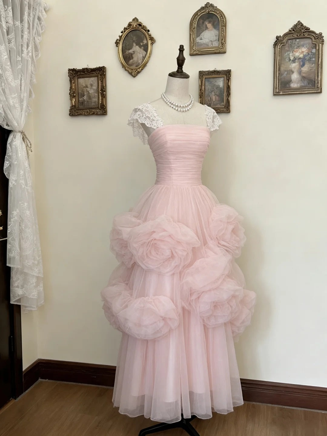 Pretty Prom Dress Light Pink Square Neck Tulle Formal Dresses Evening Dress Gala Gown D4746