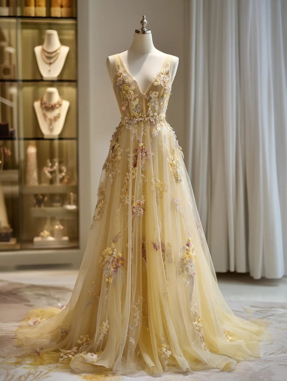 A Line Prom Dress V-neck Tulle Pleated Birthday Party Outfits Evening Dress Gala Gown D4763