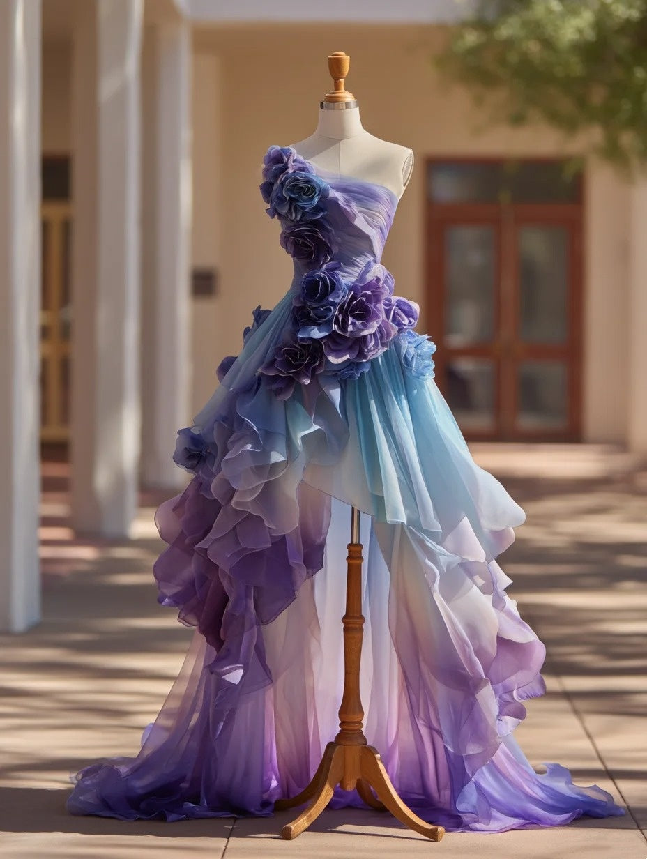 Ombre Prom Dress One Shoulder Flower Pleated Birthday Party Outfits Evening Dress Gala Gown D4773