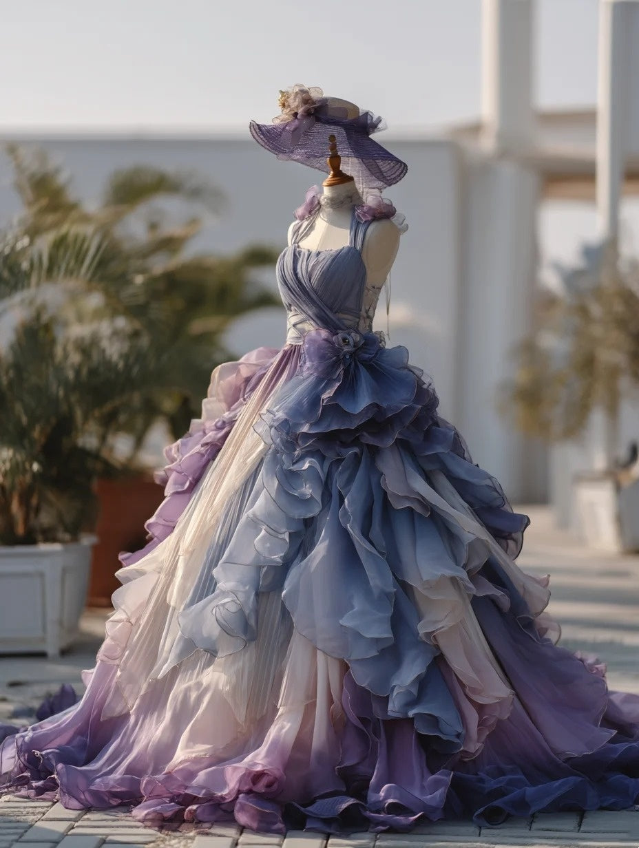 Beauty Ball Gown Ombre Spaghetti Straps Ruffle Prom Dresses Evening Gala Gown Quinceanera Dress D4781