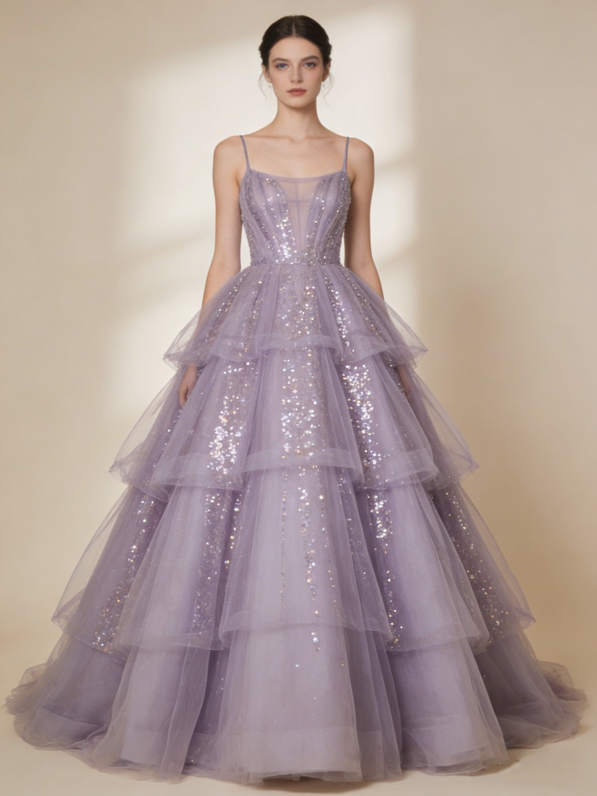 Shiny Ball Gown Purple Spaghetti Straps Pleated Tulle Prom Dresses 16th Dress Evening Gala Gown D4788