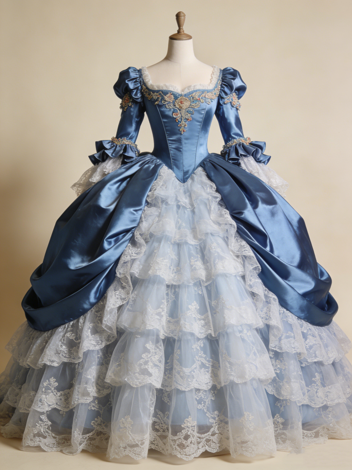 Vintage Ball Gown Blue Square Neck Lace Tiered Prom Dresses Quinceanera Dress Evening Gala Gown D4798