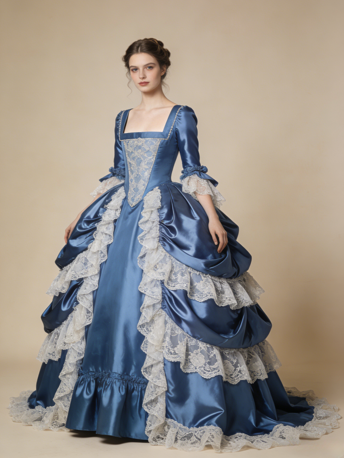 Beauty Ball Gown Blue Square Neck Lace Pleated Prom Dresses Sweet 16 Dress Evening Gala Gown D4799