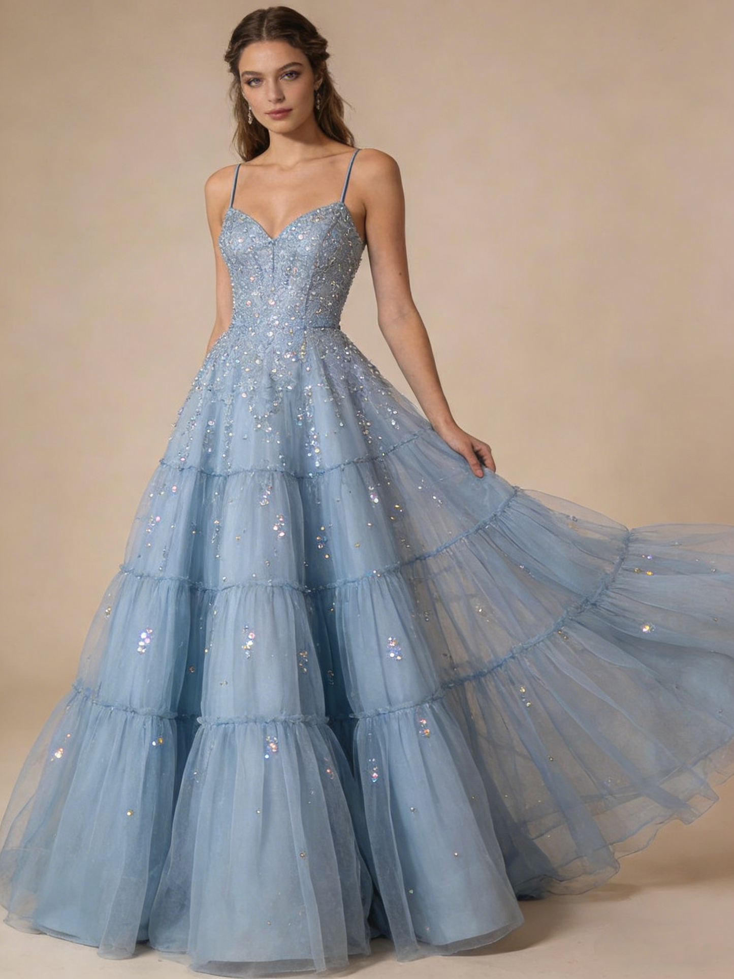 Sparking Prom Dress A Line Spaghetti Straps Tulle Gala Gown Birthday Party Outfits Evening Dress D4808