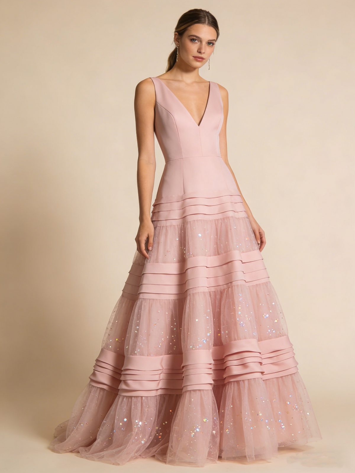 Chic Prom Dress Pink V-neck Pleated Tulle Birthday Party Outfits Gala Dress Evening Gown D4816