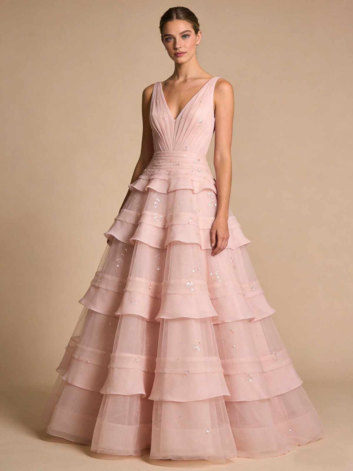 New Design Prom Dress Light Pink A Line V-neck Pleated Cocktail Outfits Gala Dress Evening Gown D4819