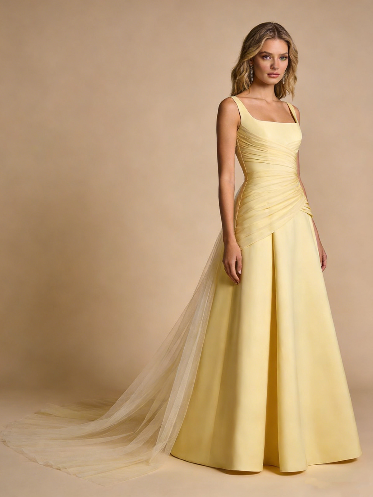 A Line Prom Dress Light Yellow Square Neck Pleated Gala Dress Birthday Party Outfits Evening Gown D4824