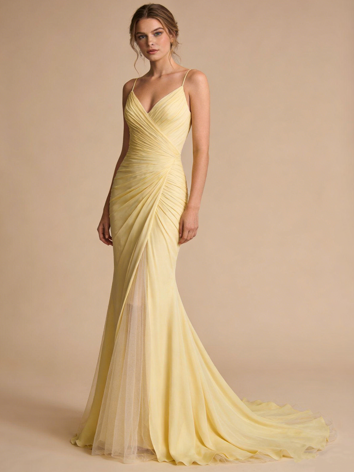 Light Yellow Prom Dress Spaghetti Straps Pleated Tulle Mermaid Gala Dress Birthday Party Outfits Evening Gown D4828