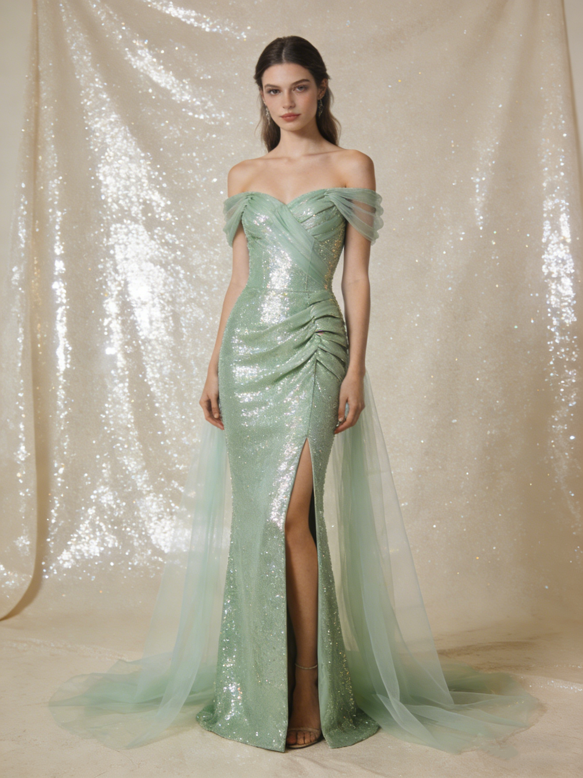 Light Green Prom Dress Off Shoulder Pleated Tulle Mermaid Birthday Party Outfits Gala Dress Evening Gown D4830