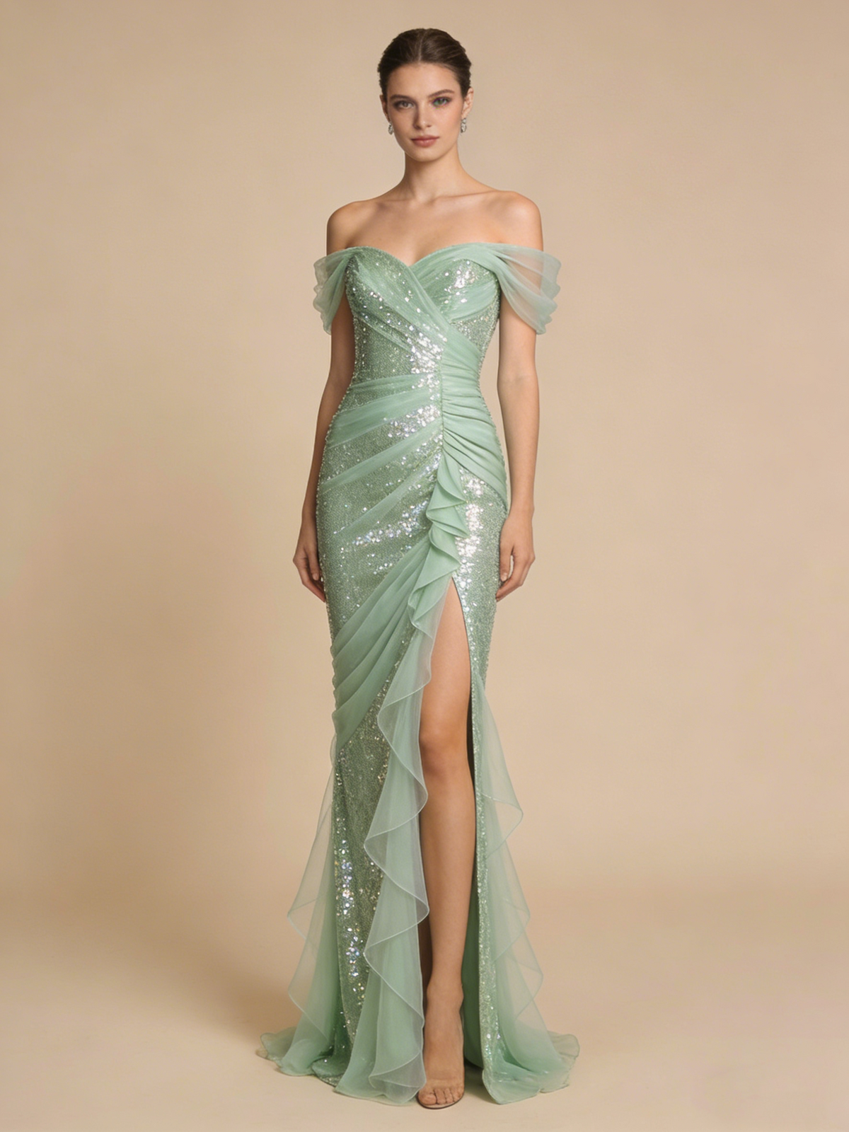 New Arrival Prom Dress Light Green Off Shoulder Pleated Tulle Birthday Party Outfits Gala Dress Evening Gown D4832