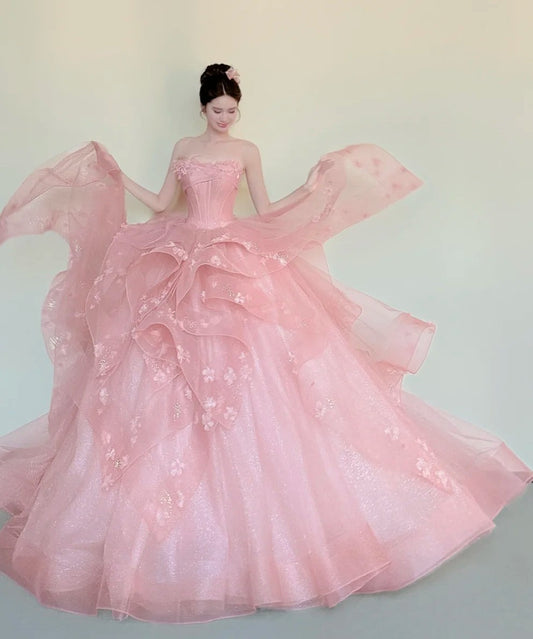 Fashion Ball Gown Light Pink Strapless Pleated Prom Dresses Sweet 16 Dress Evening Gala Gown D4848