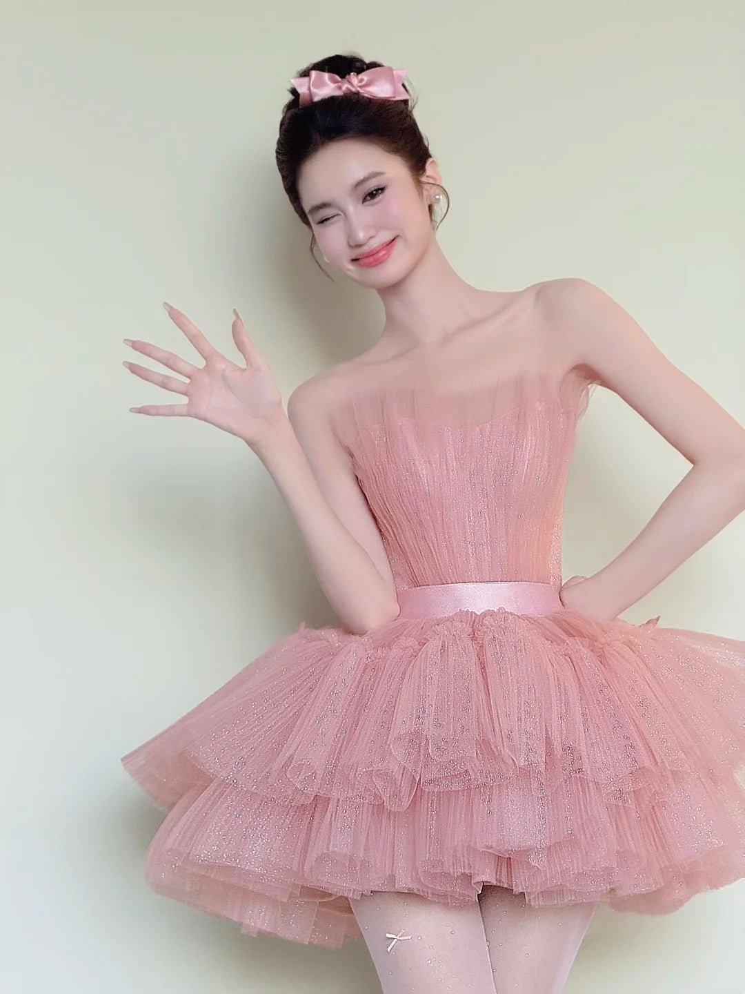 Cute Homecoming Dress Pink Strapless Tulle Pleated Short Back to School Prom Dress Birthday Outfits D4850