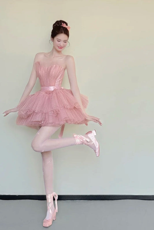 Cute Homecoming Dress Pink Strapless Tulle Pleated Short Back to School Prom Dress Birthday Outfits D4850