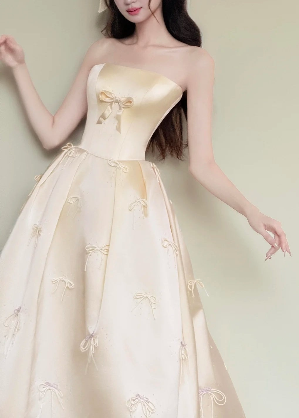 Chic Prom Dress Light Yellow Strapless Gala Dress Evening Gown Birthday Party Outfits D4851