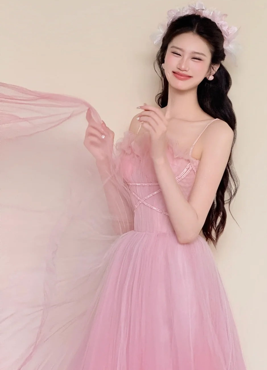Stunning Prom Dress Pink Spaghetti Straps Pleated Tulle Gala Dress Evening Gown Birthday Party Outfits D4852