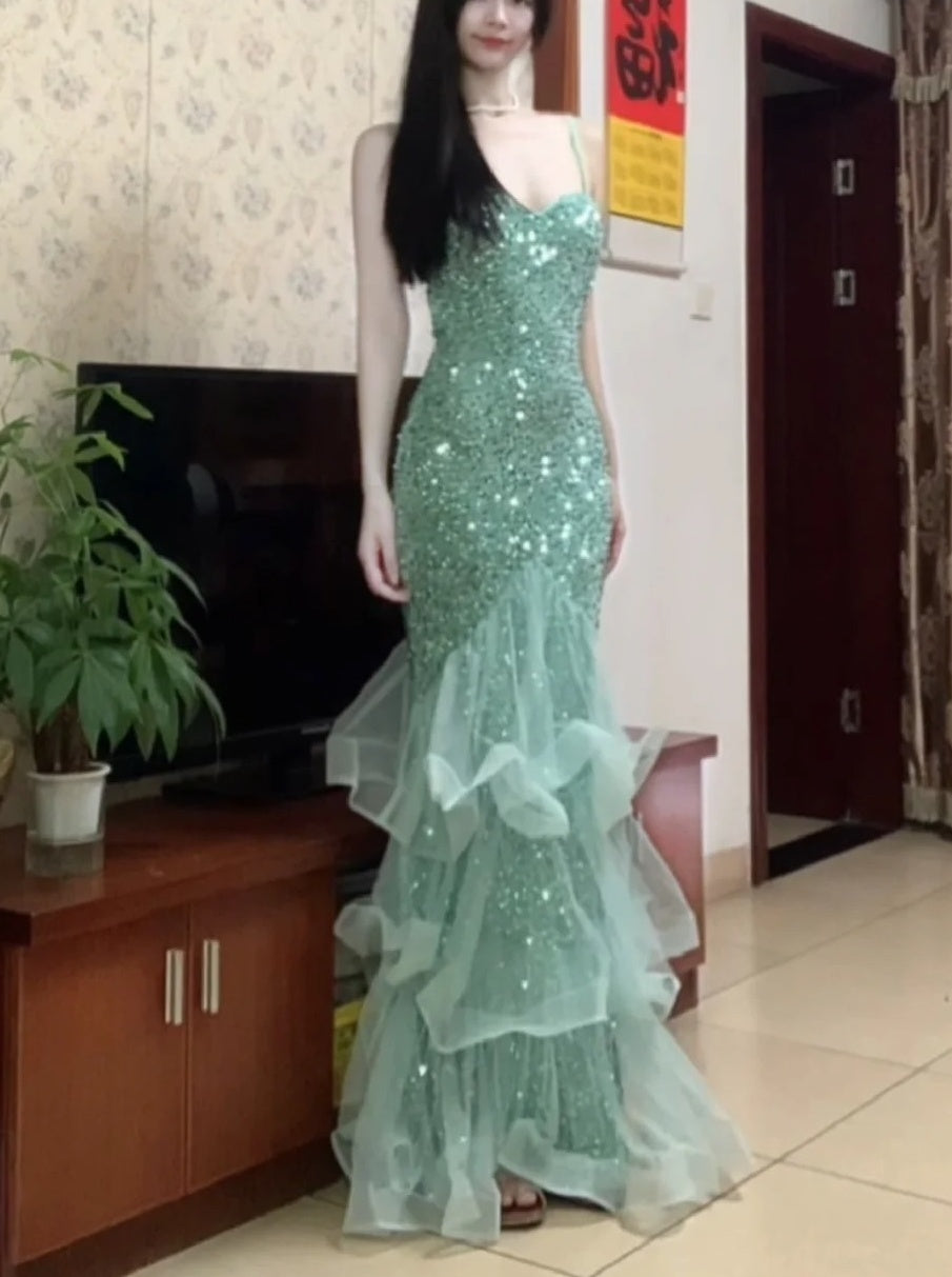 Sparking Prom Dress Spaghetti Straps Tulle Mermaid Birthday Party Outfits Backless Evening Gown Gala Dress D4897