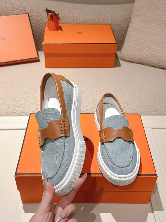 HM 25ss Platform Loafers Light Blue Brown Denim Sheepskin 577170