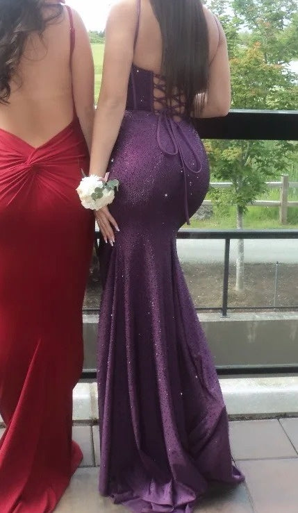 Shiny Prom Dress Dark Purple Slit Party Outfits Spaghetti Straps Evening Gown Gala Dress D4906