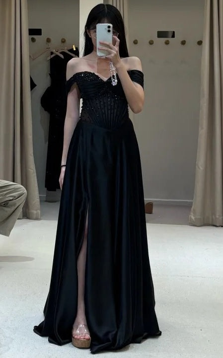 Sparkling Prom Dress Black Off Shoulder Slit Gala Gown Party Outfits Evening Dress D4928