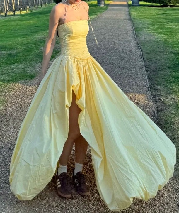 Yellow Prom Dress Strapless Pleated Slit Gala Gown Birthday Party Outfits Evening Dresses D4938