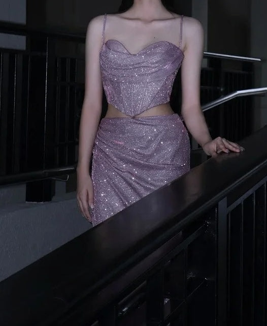 Shiny Prom Dress Light Purple Spaghetti Straps Pleated Slit Gala Gown Shcool Cocktail Outfits Evening Dresses D4943