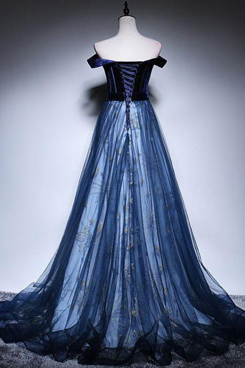 Dark Blue Velvet Tulle Long Prom Dress, Elegant Off the Shoulder Evening Dress MD7242