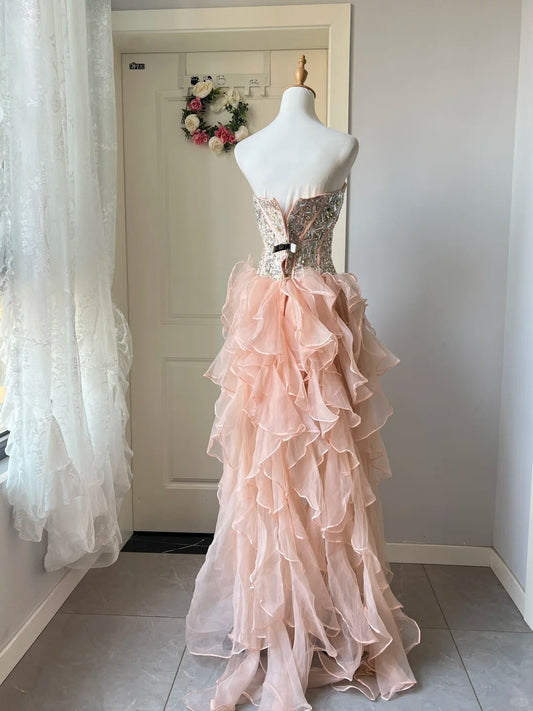 New Homecoming Dress Sweetheart Tulle Cascade Rinestone Hi-Lo Back to School Outfits Party Dress D6475