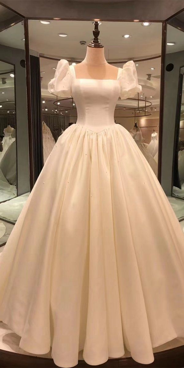 Simple A-Line Satin White Long Wedding Dress Bridal Dress Birthday Outfits, D902