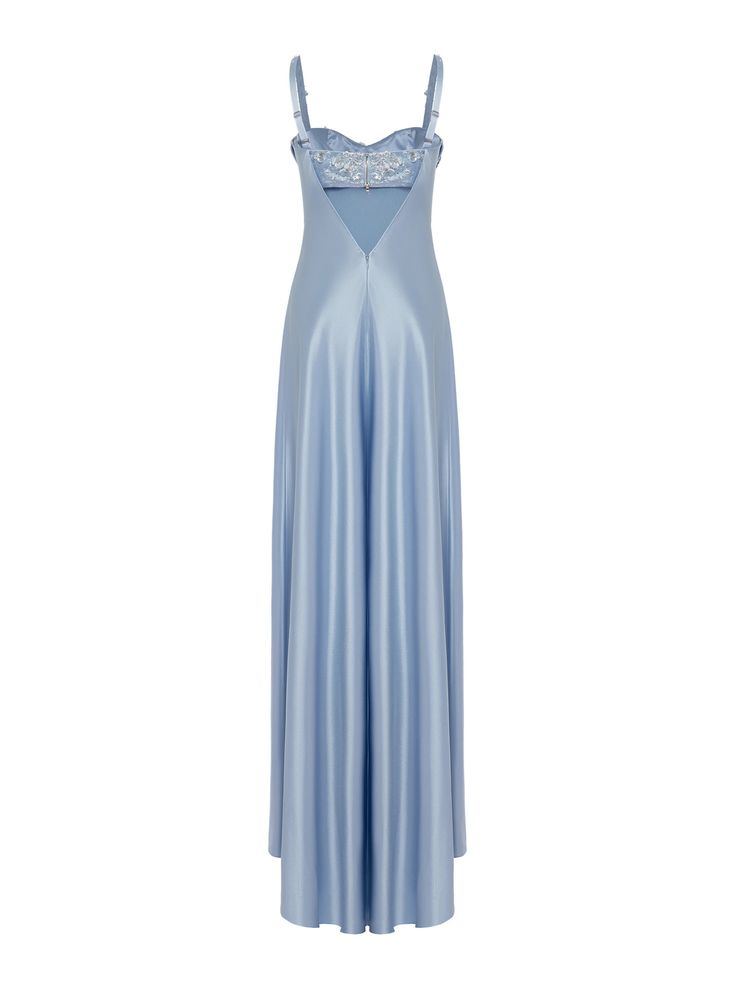 Classy Blue Spaghetti Straps Satin Beaded Mermaid Evening Dress Long Wedding Guest Dress D1402