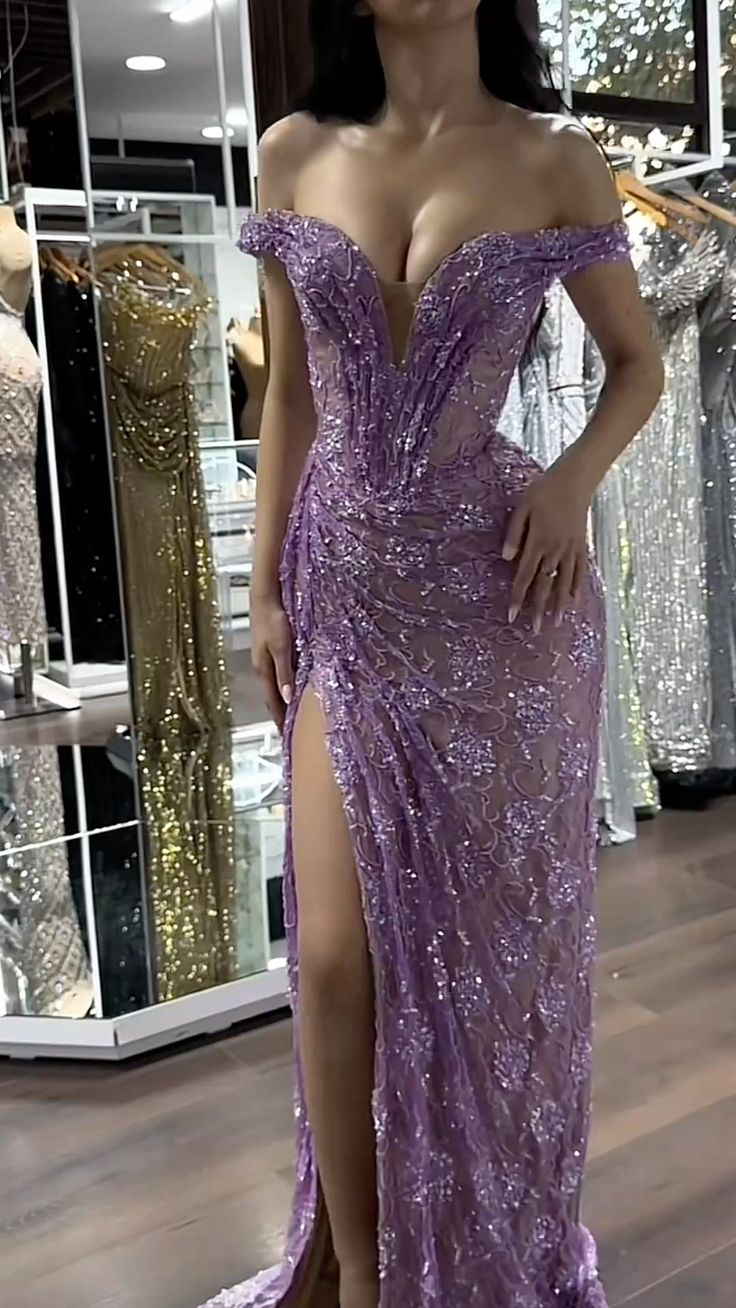 Elegant Off The Shoulder Purple Lace Pleated Slit Mermaid Prom Dress Long Birthday Evening Gowns SP1737