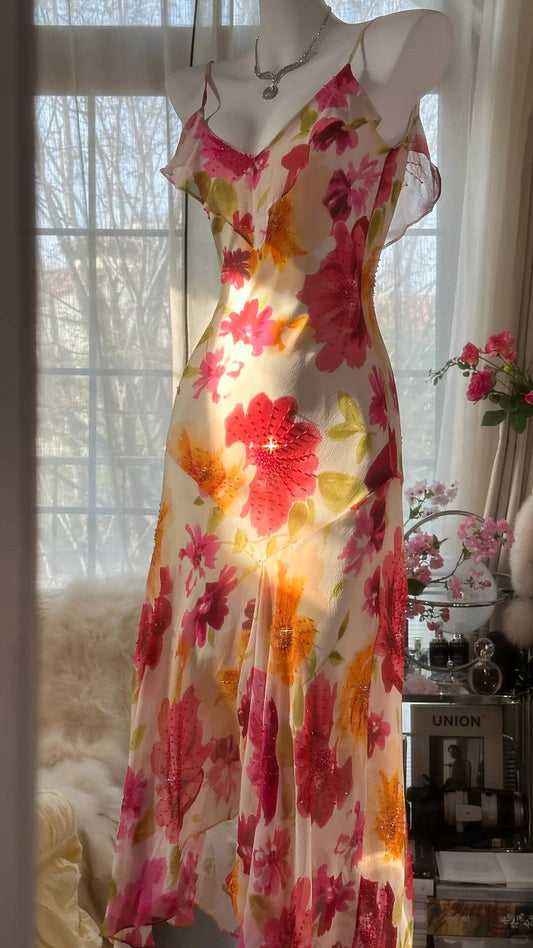 Pretty Chiffon Print Floral Beaded Mermaid Evening Dress Long Formal Party Dress S343