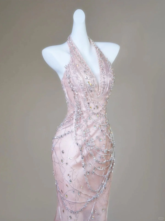 Mermaid Halter Light Pink Satin Beaded Long Prom Dress,Formal Evening Dress fg8496