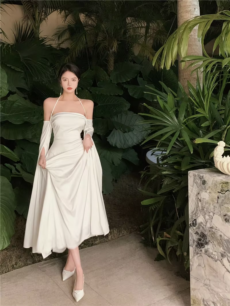 New Elegant White Party Dress Women Casual Halter Neck Vintage A-Line Prom Dress S6397
