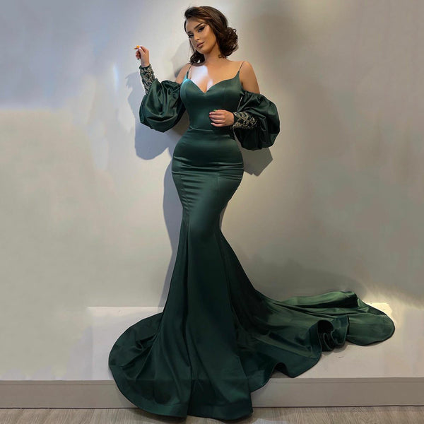 Elegant Hunter Green Satin Mermaid Prom Dress Sexy Sweetheart Spaghetti Straps Evening Gowns S2372