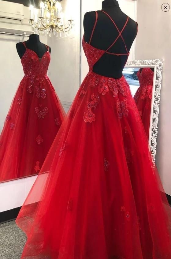 V Neck Spaghetti Straps A Line Lace And Tulle Long Prom Dress ,Party Dress,Evening Dress fg3077