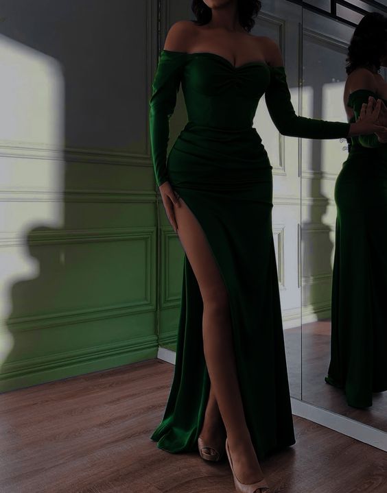 Green Off The Shoulder Simple evening dresses long prom dress fg3006