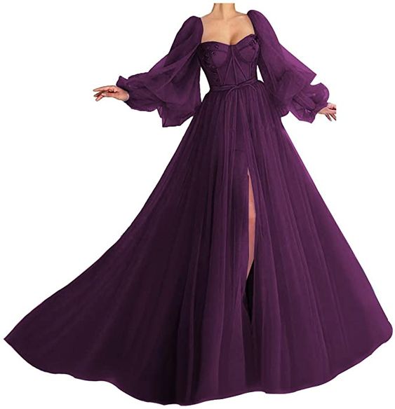 Puffy Sleeve Prom Dress Sweetheart Tulle Ball Gown with Split Princess Wedding Formal Evening Gowns