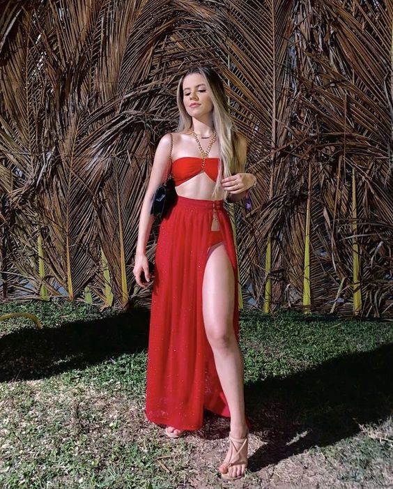 Elegant Two Piece Red Prom Dress Long Evening Dress fg2648