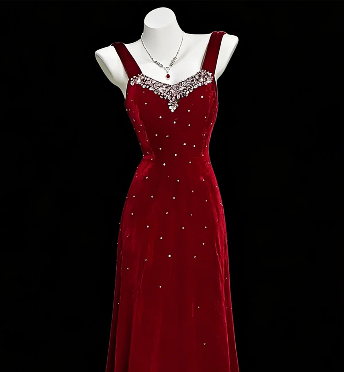 Wine Red Beaded A-line Velvet Straps Prom Dress, Wine Red Velvet Party Dress fg8729