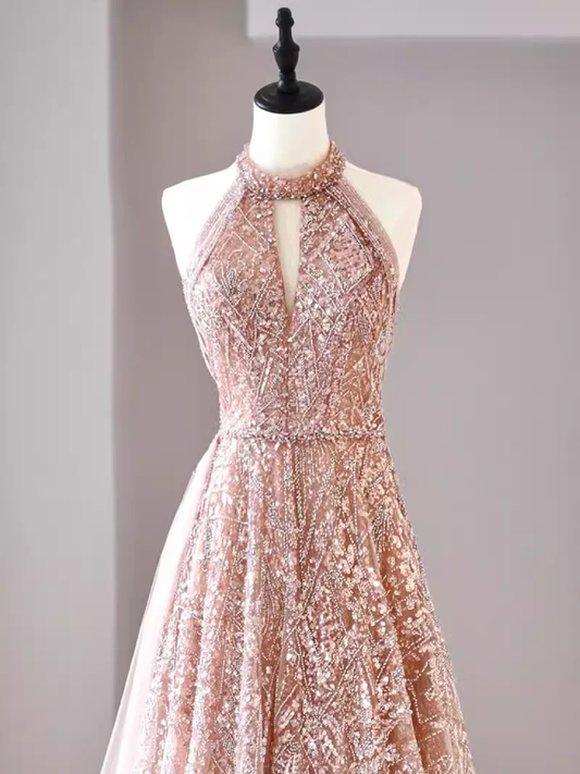 A Line High Neckline Sequin Long Evening Dress Beads Prom Dress fg8577